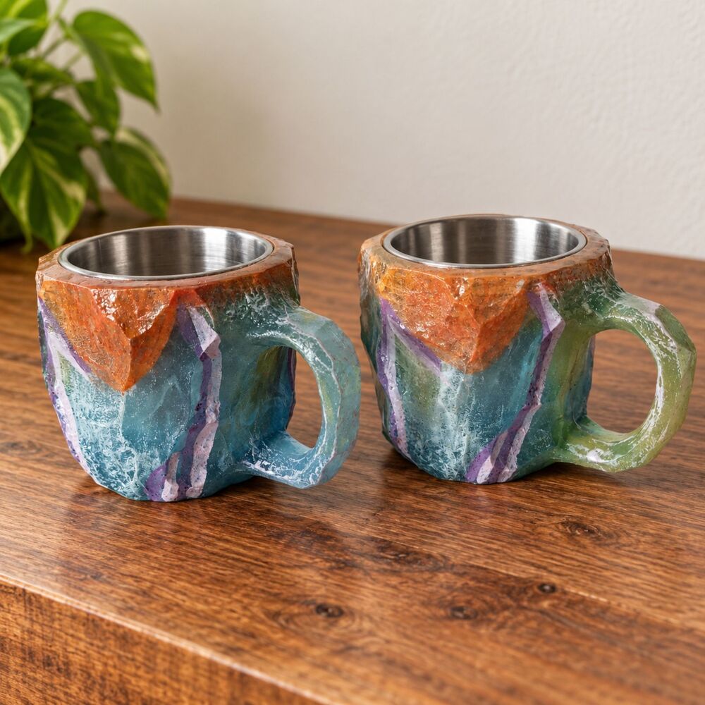 Faux Mineral Crystal Resin Mugs Blue Orange Stainless Steel 6 Oz Set of 2 NWOB